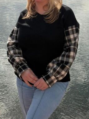 Grace & Emma Women's Black Blouse with Plaid Flannel Bishop Sleeves Cozy Cute